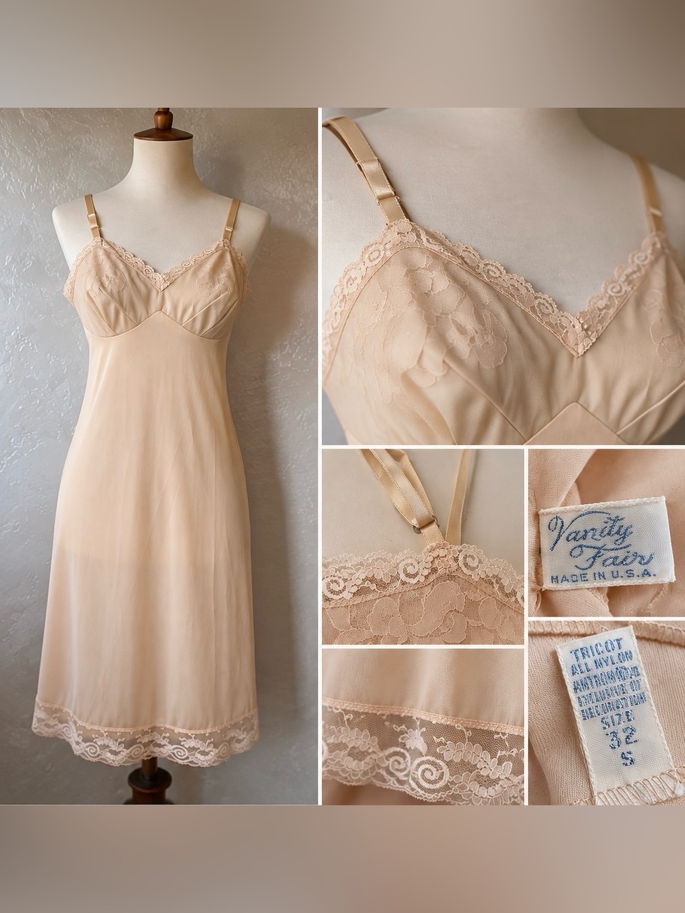 Vintage 1950s Vanity Fair Ivory Lace & Satin Slip | Size 32 | Pin-Up Lingerie